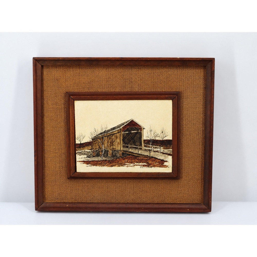 Vintage Signed Covered Bridge Lithograph,Americana, Burlap Wood Frame 13x14" 70s